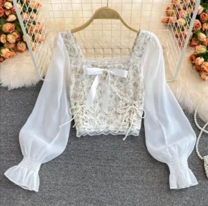 Floral Print Mesh Patchwork Blouse
