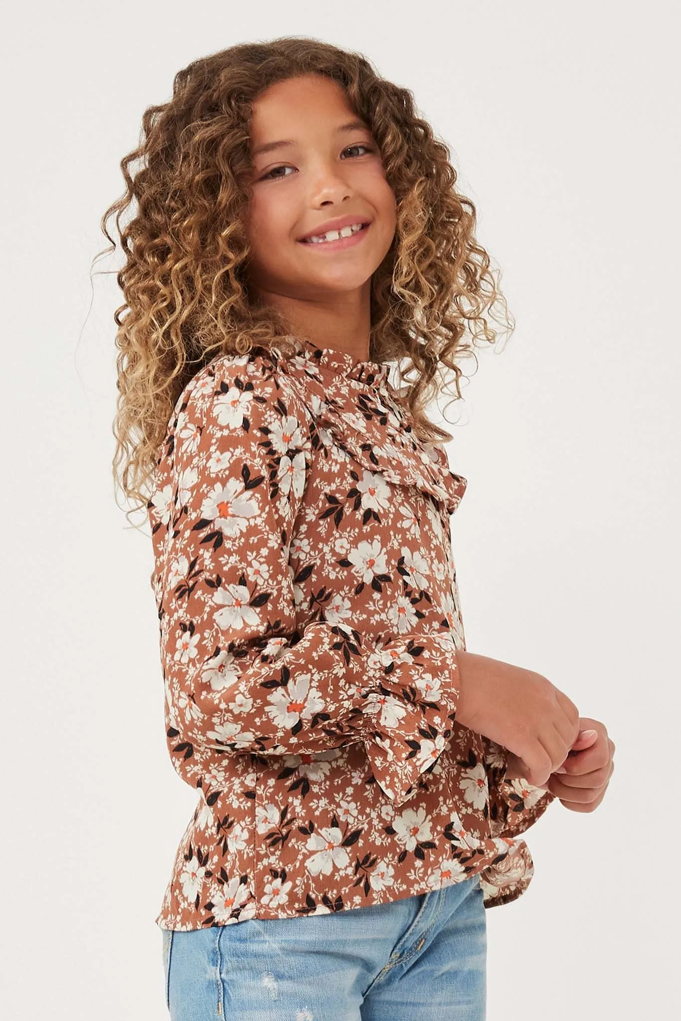 Floral Print Ruffled Collar Top