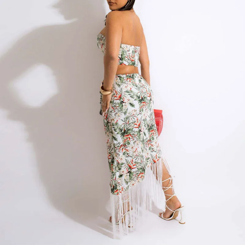 Floral Print Tube Top & Tassel Design Skirt Set