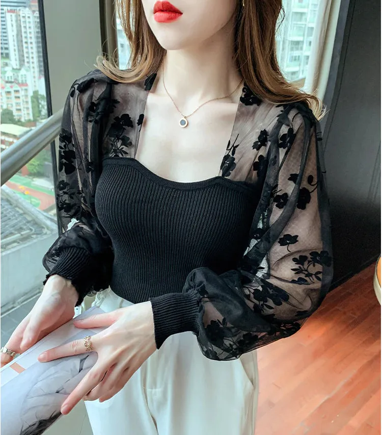Flower Printed Mesh Stitching Puff Sleeve Shirt