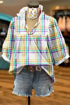 Fresh Plaid Print Puff Sleeve Blouse
