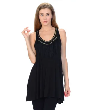 Fringe Tassel Patch Blouse with Lace Back Top Black