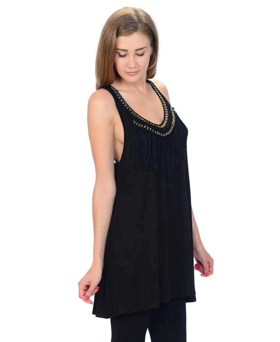 Fringe Tassel Patch Blouse with Lace Back Top Black