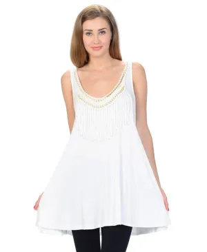 Fringe Tassel Patch Blouse with Lace Back Top White