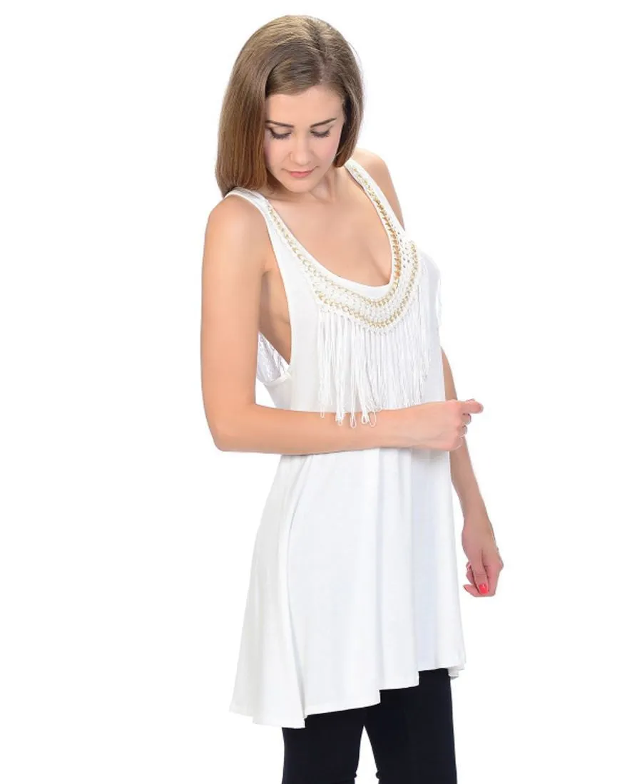 Fringe Tassel Patch Blouse with Lace Back Top White