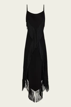 Fringed Asymmetric Midi Dress in Black