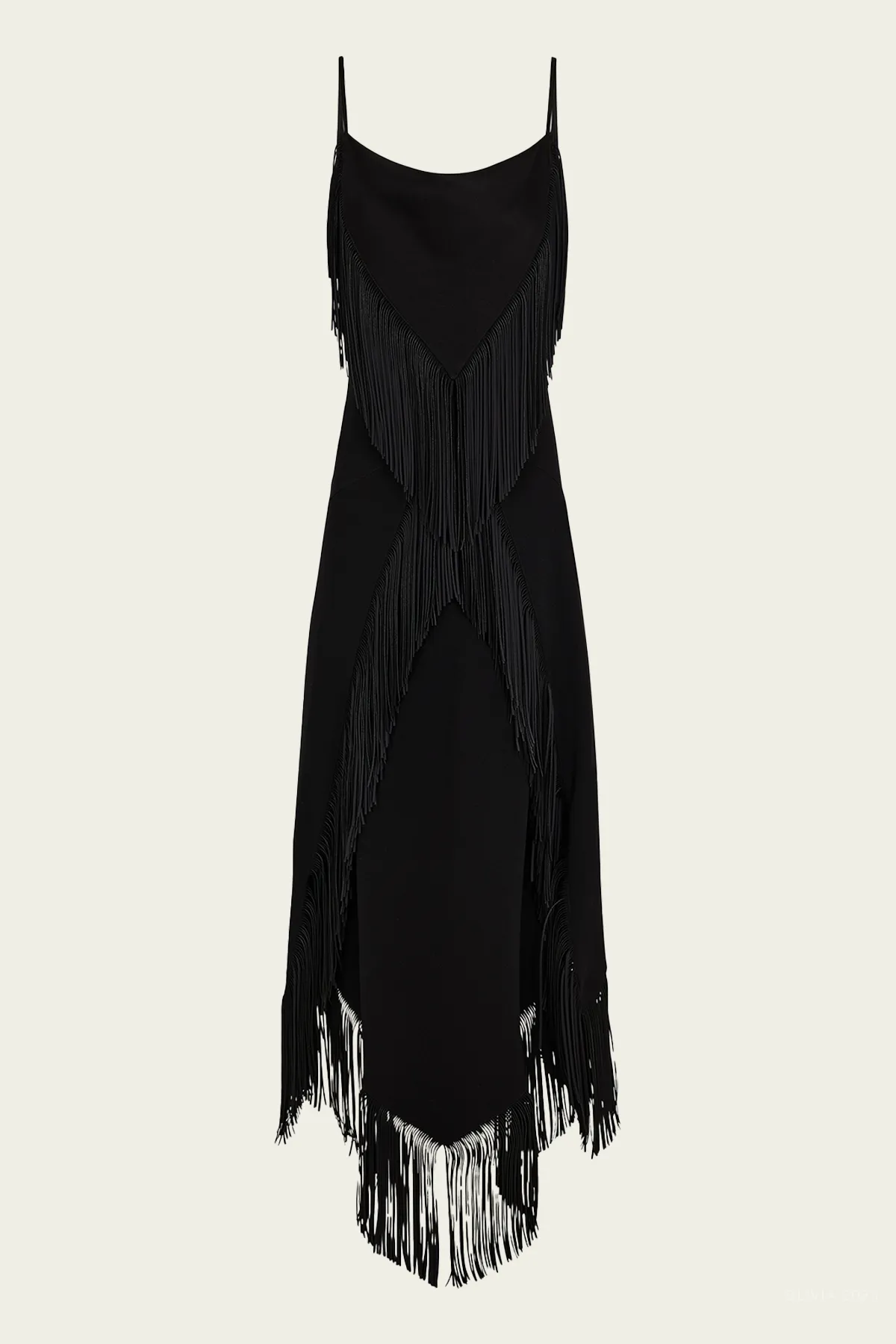 Fringed Asymmetric Midi Dress in Black