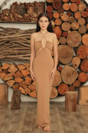 GERTRUDE Halter Cutout Stretch Midi Dress (Brown)