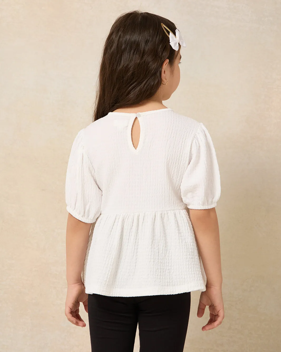 Girls Ivory Woven Jacquard Casual Jersey Top With Puff Sleeve
