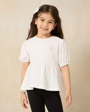 Girls Ivory Woven Jacquard Casual Jersey Top With Puff Sleeve