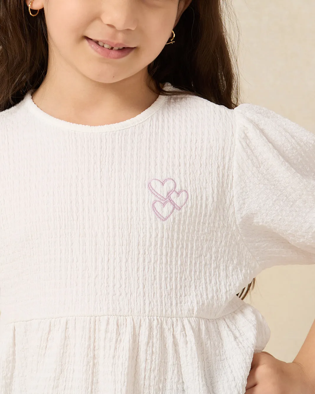 Girls Ivory Woven Jacquard Casual Jersey Top With Puff Sleeve