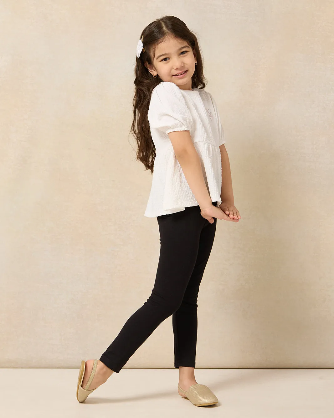 Girls Ivory Woven Jacquard Casual Jersey Top With Puff Sleeve