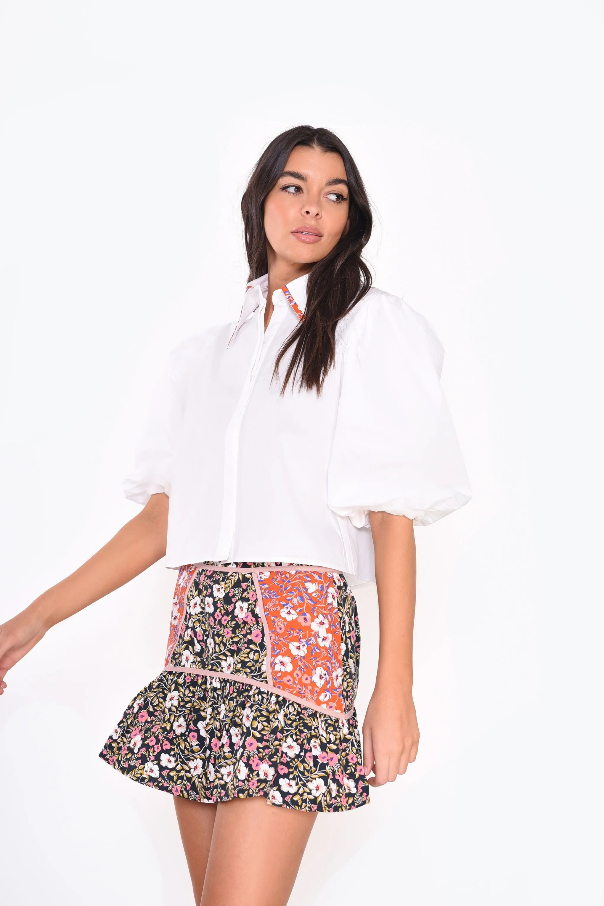 Glamorous White Puff Shoulder Short Sleeve Collar Shirt