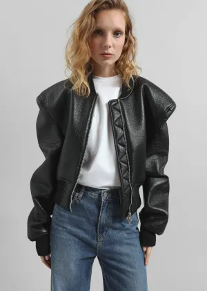 Glane Faux Leather Bomber Jacket - Black