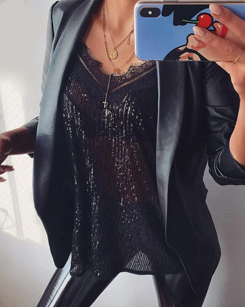 Glitter Spaghetti Strap Eyelash Lace Blouse