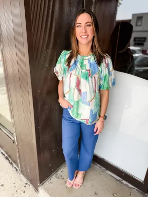 Green Abstract Puff Sleeved Blouse