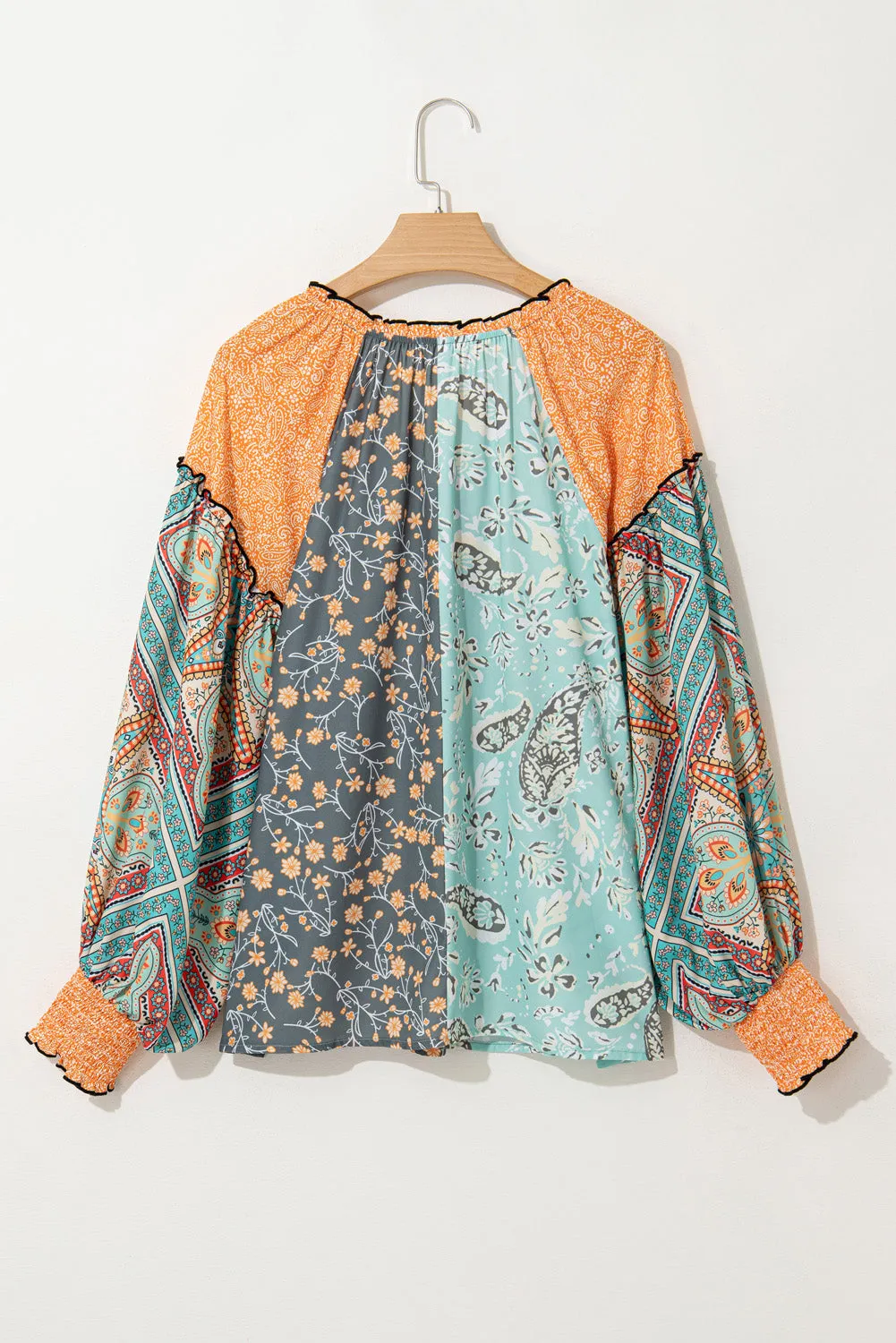 Green Floral Patchwork Lantern Sleeve Buttoned V Neck Plus Size Blouse
