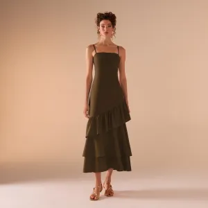Green Linen Dress With Ruffled Skirt