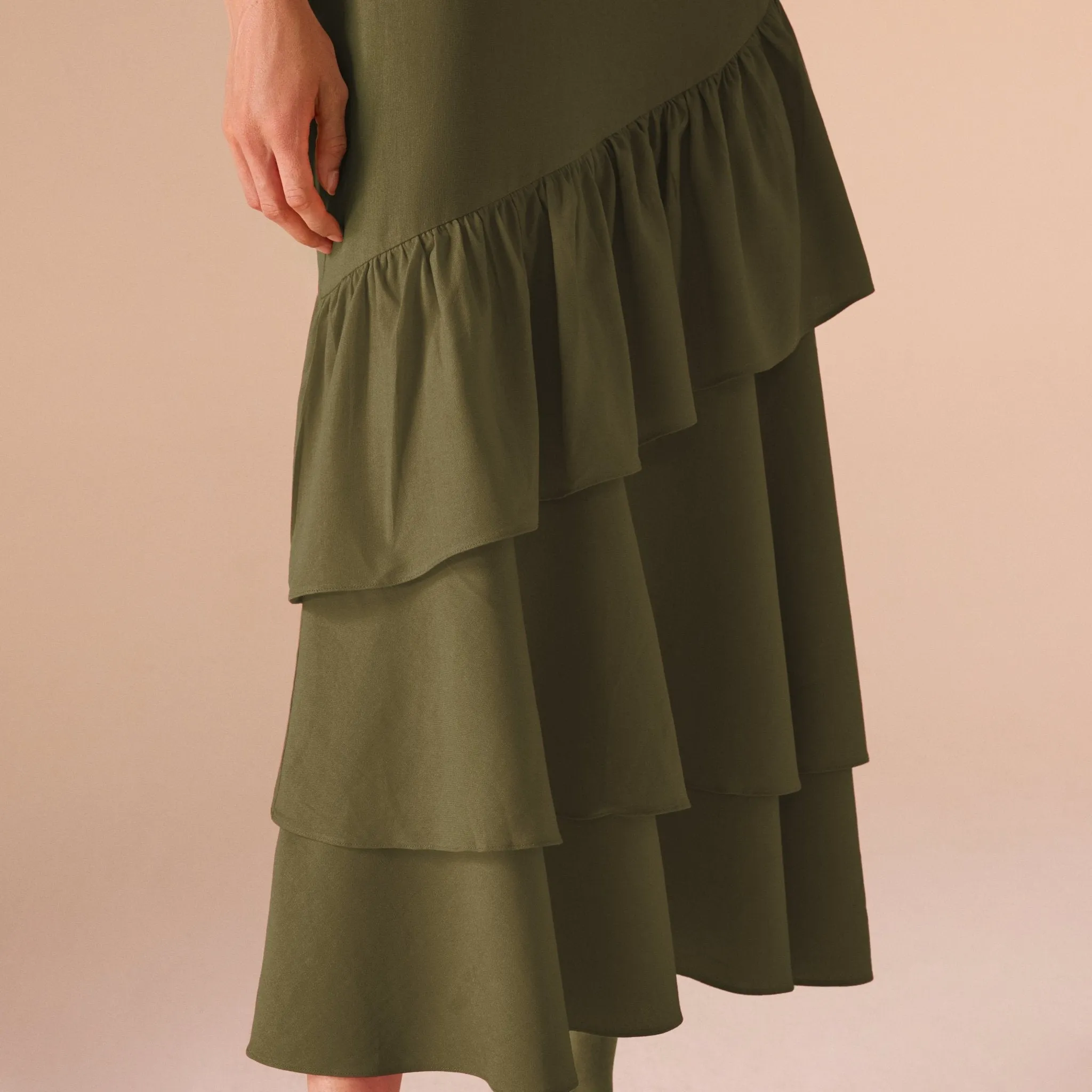 Green Linen Dress With Ruffled Skirt