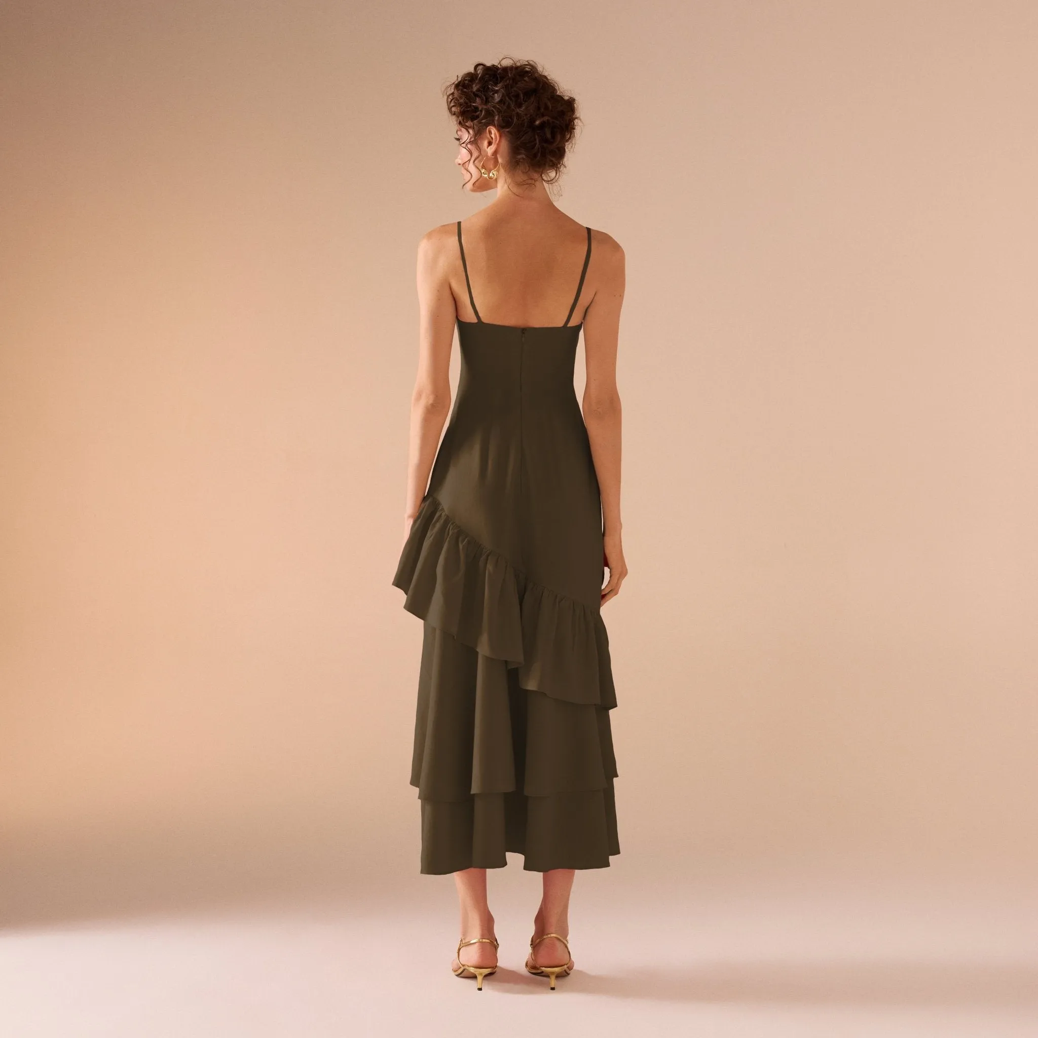 Green Linen Dress With Ruffled Skirt