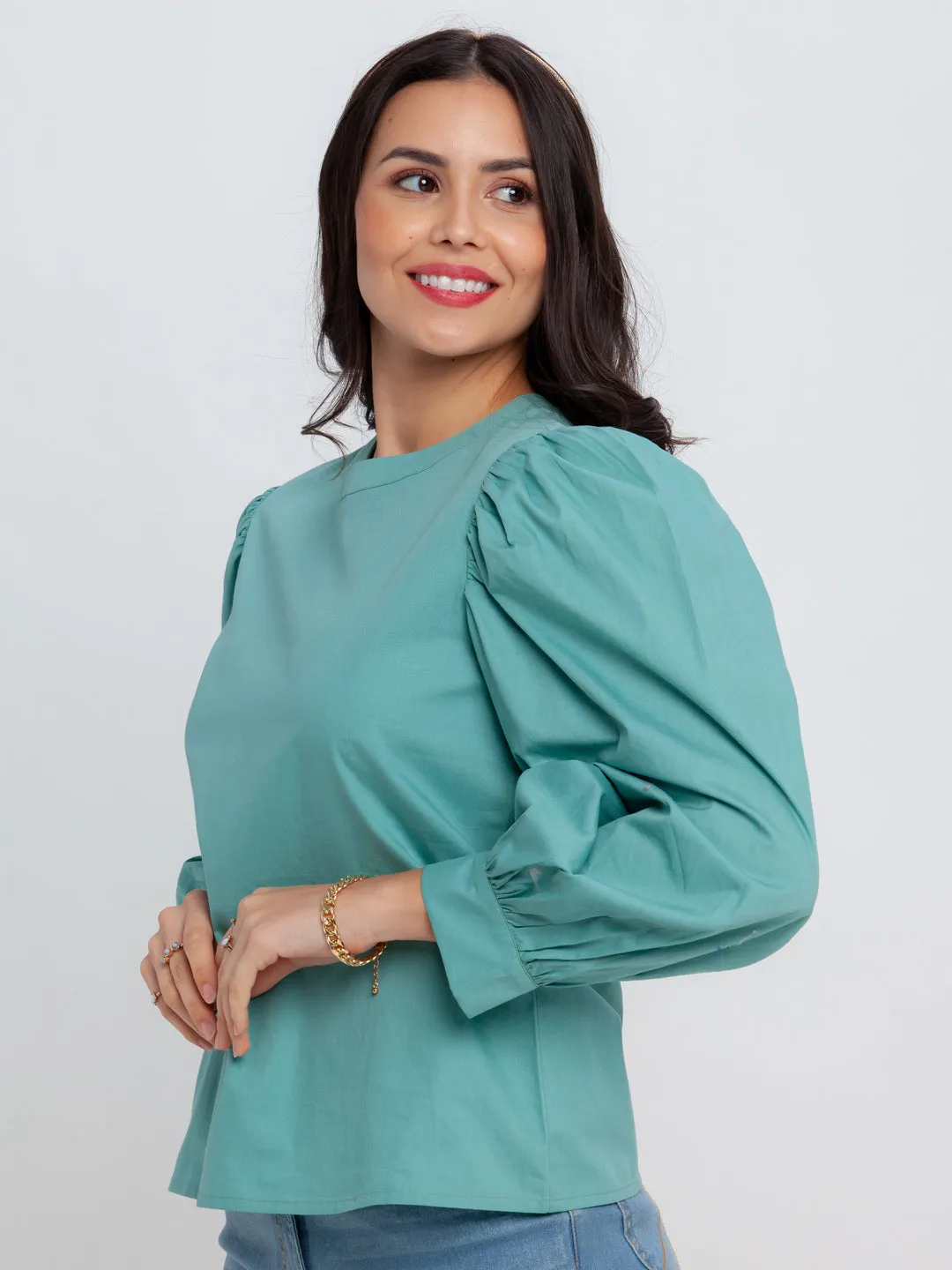 Green Solid Puff Sleeve Top