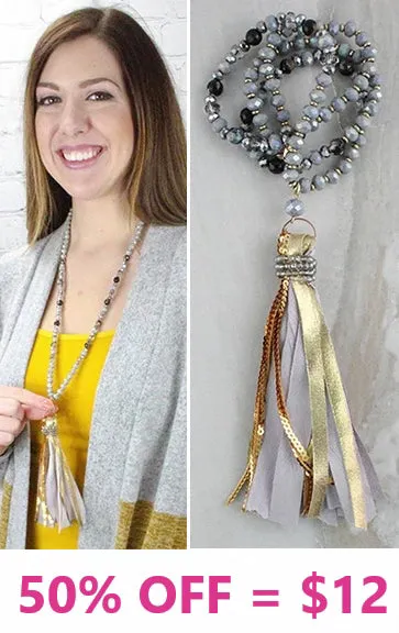 Grey crystal necklace with tassel