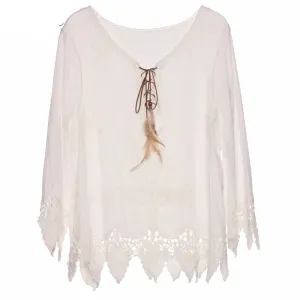 Gypsy Feather Duster Tops Hippie Boho People Style With Retro Embroidery Fishtail Lace Patch Design Tops Tee t shirt women