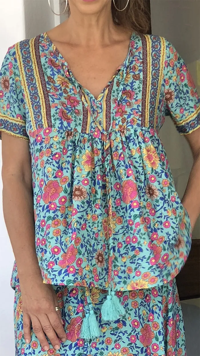 Gypsy Flower Top - Turquoise