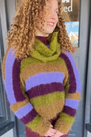 Handknit V Neck Alpaca Sweater - Chartreuse & Purple Multi