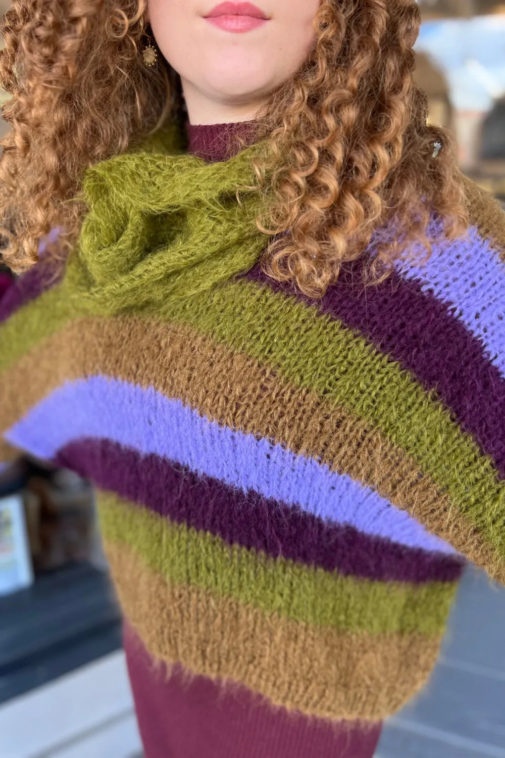 Handknit V Neck Alpaca Sweater - Chartreuse & Purple Multi