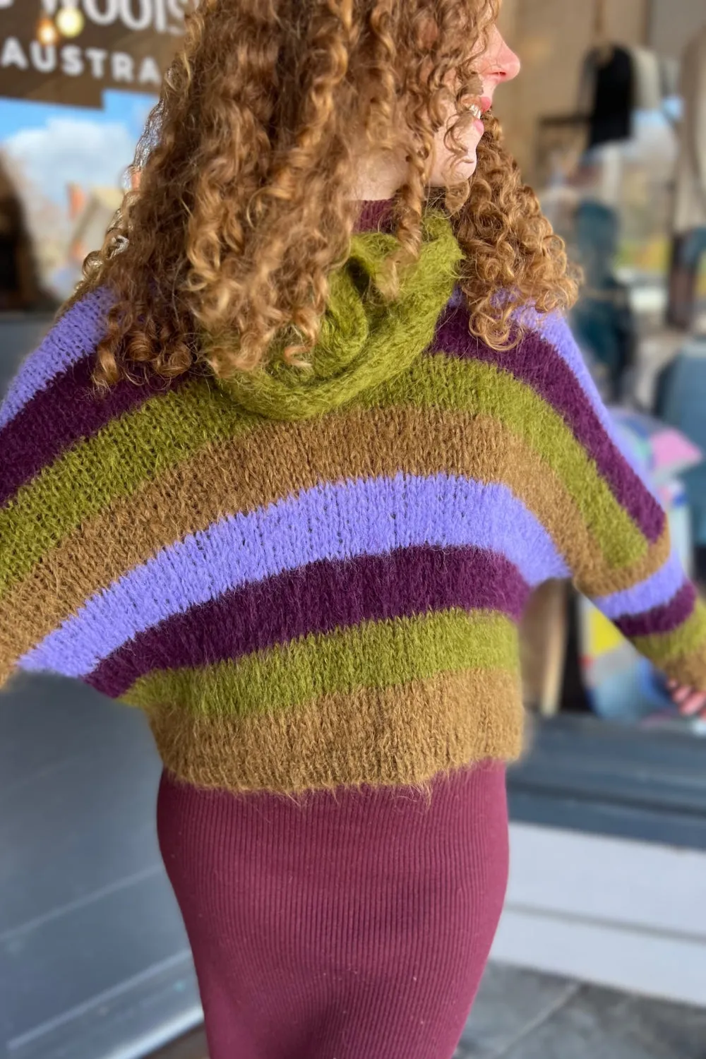 Handknit V Neck Alpaca Sweater - Chartreuse & Purple Multi
