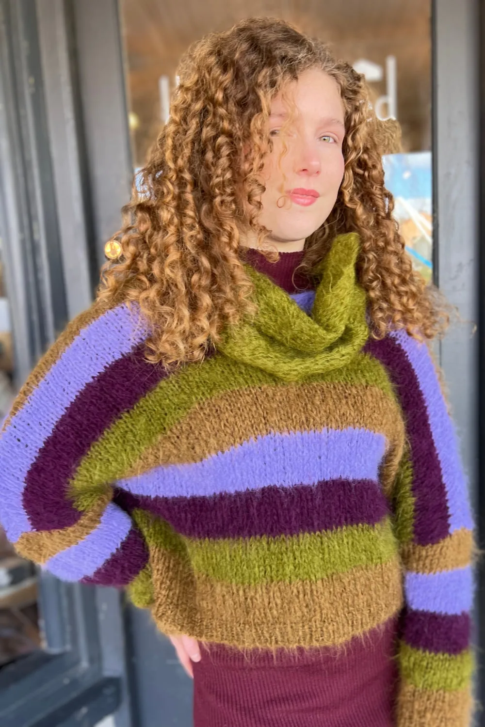 Handknit V Neck Alpaca Sweater - Chartreuse & Purple Multi