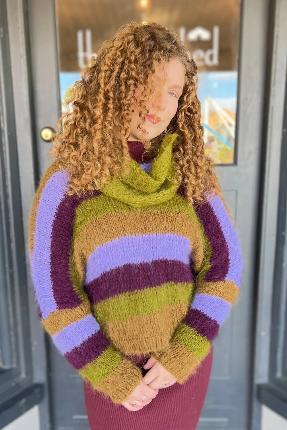 Handknit V Neck Alpaca Sweater - Chartreuse & Purple Multi