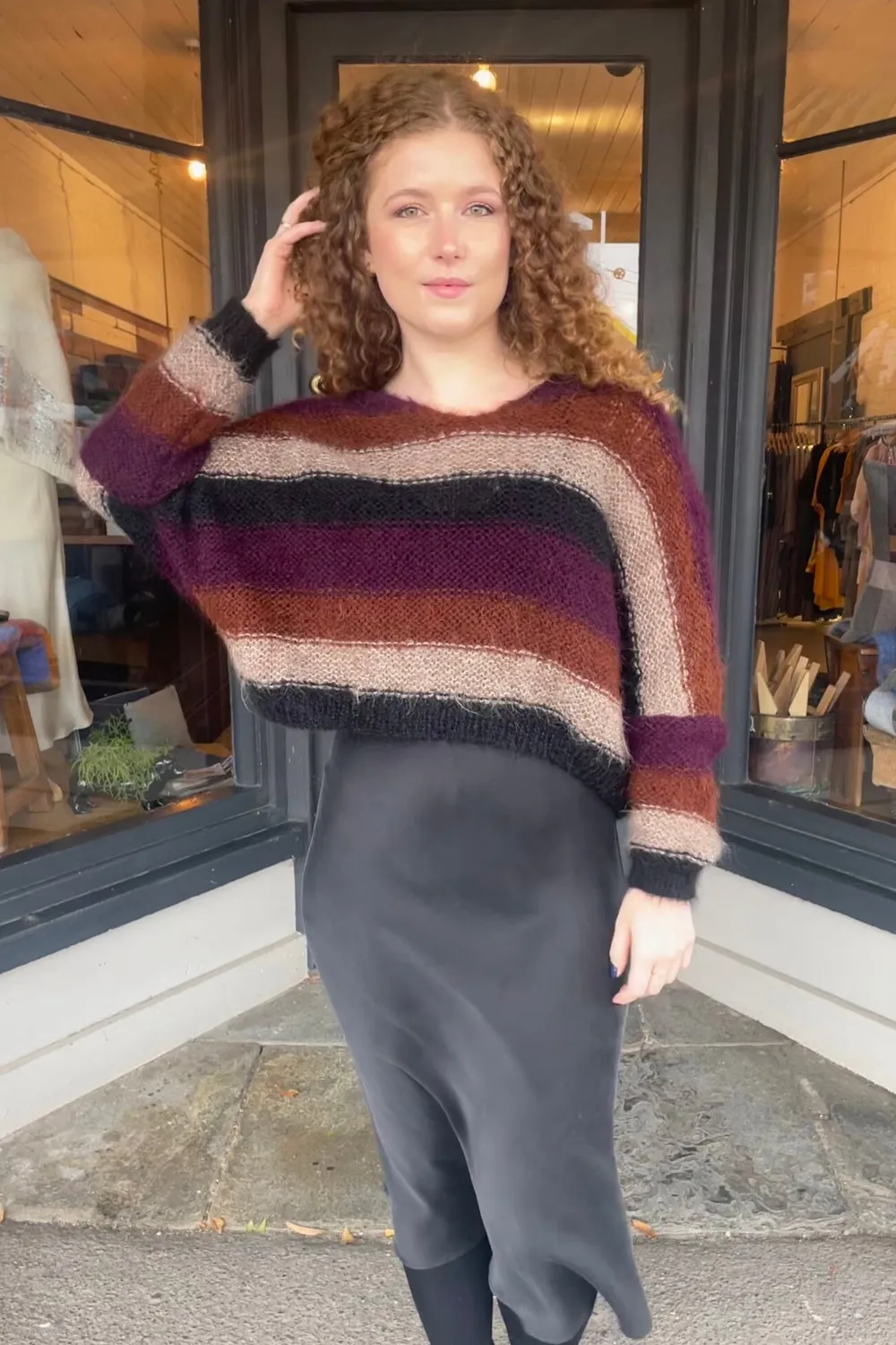 Handknit V Neck Alpaca Sweater - Multi Stripe