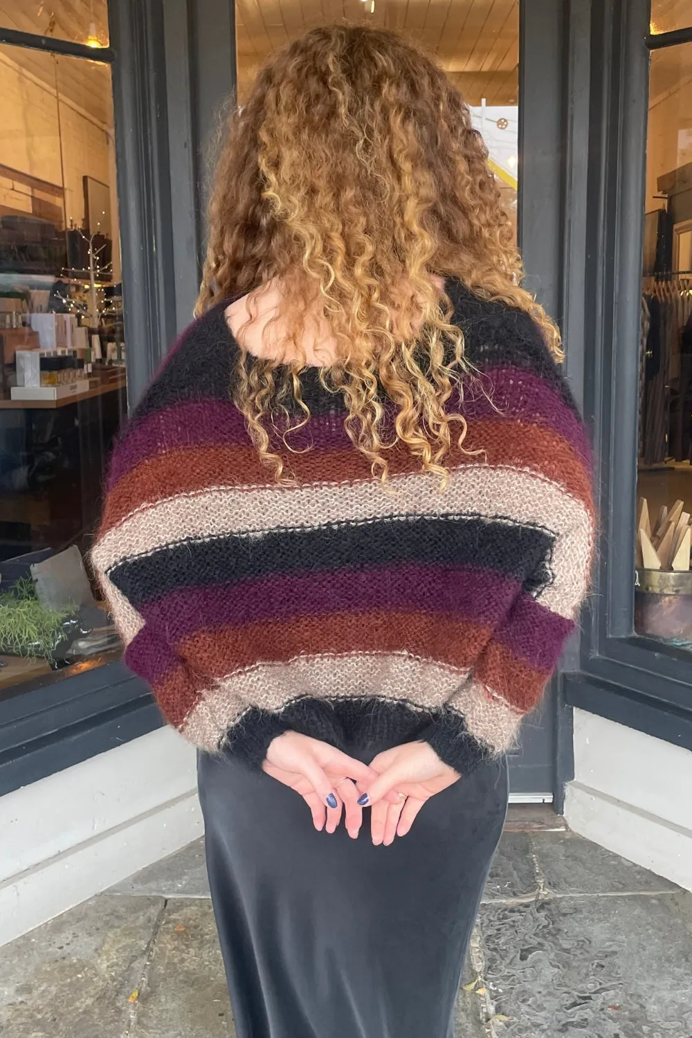 Handknit V Neck Alpaca Sweater - Multi Stripe