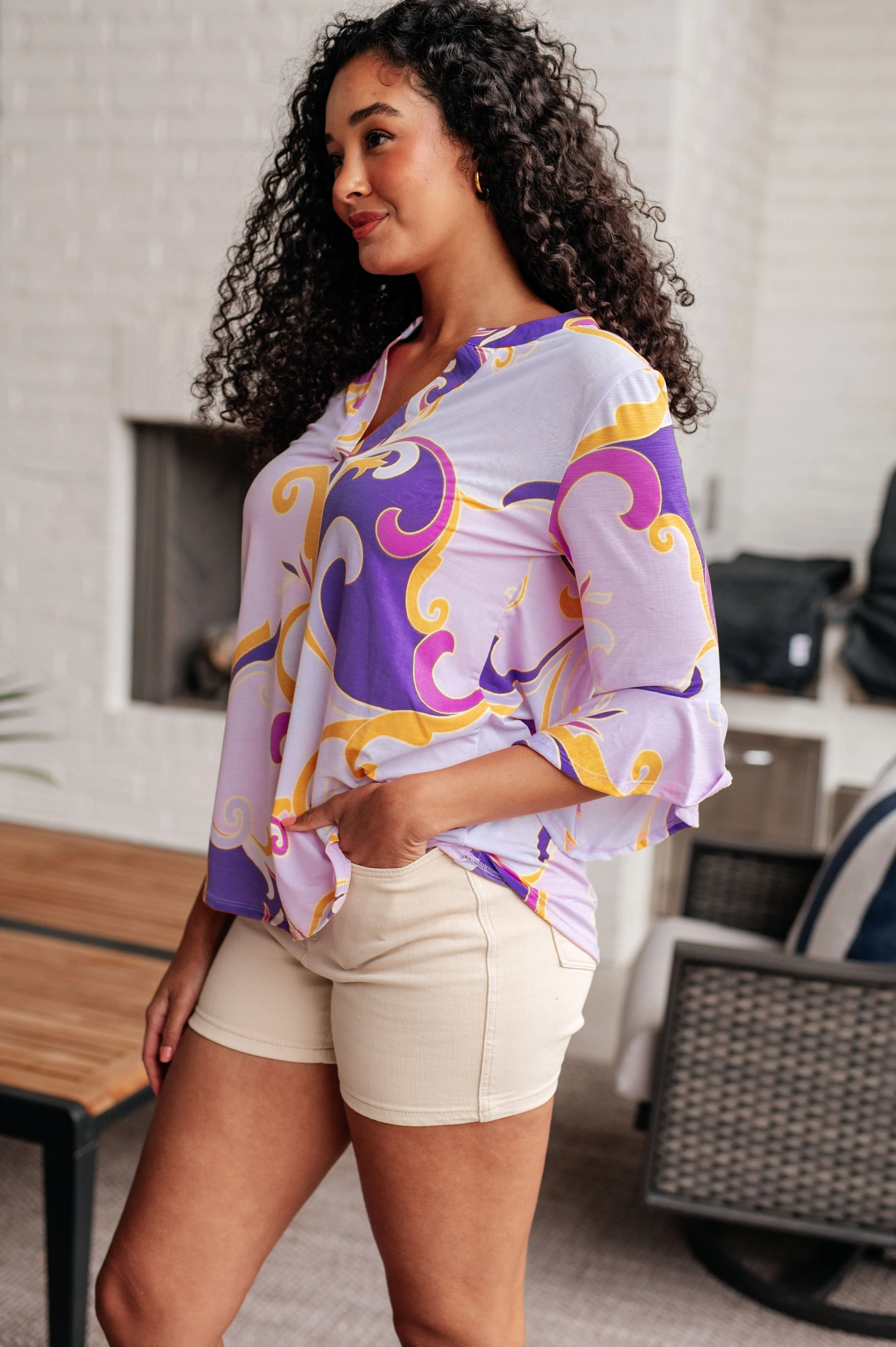 Hazel Blues® |  Lizzy Bell Sleeve Top in Regal Lavender and Gold