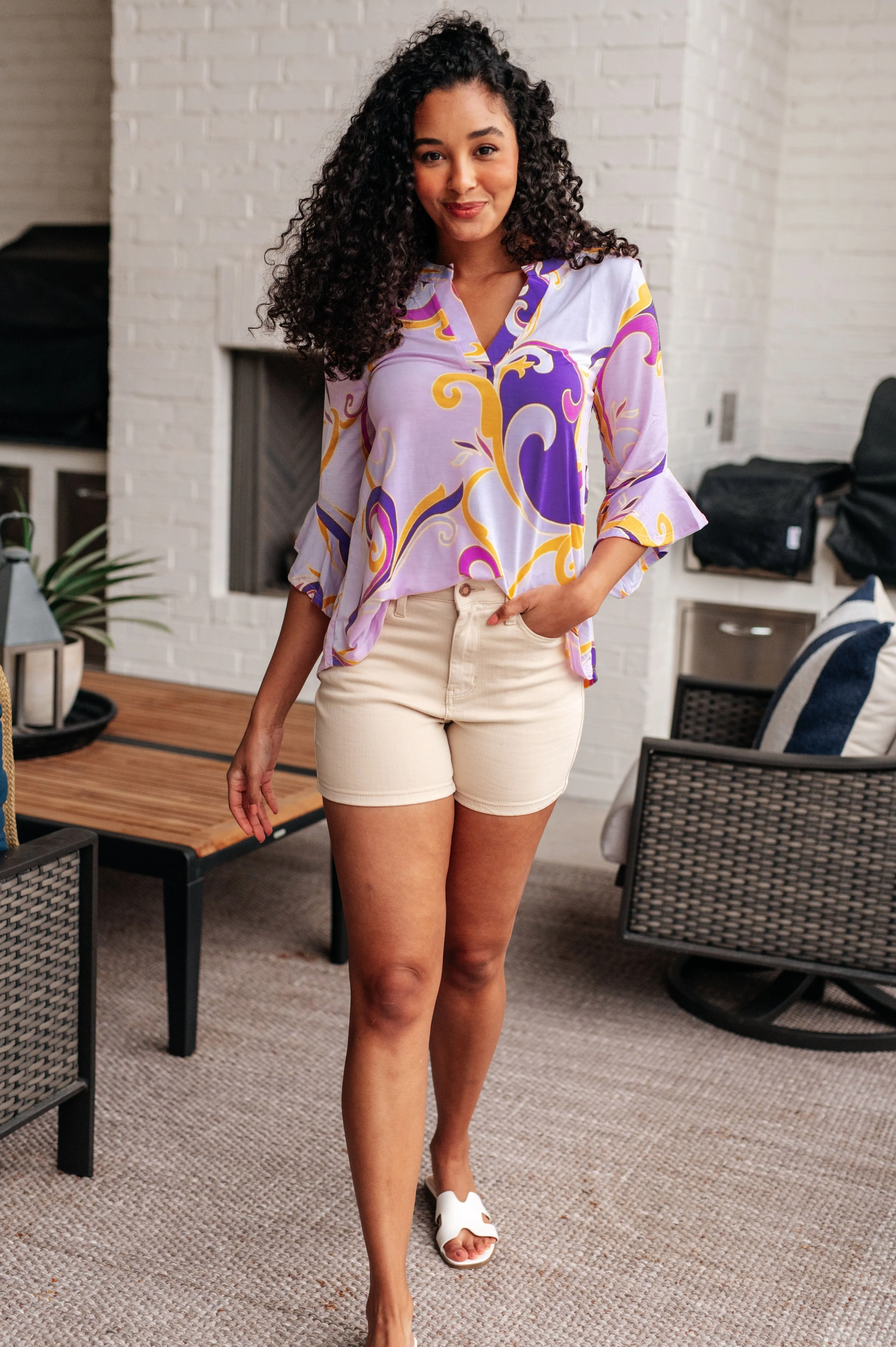 Hazel Blues® |  Lizzy Bell Sleeve Top in Regal Lavender and Gold