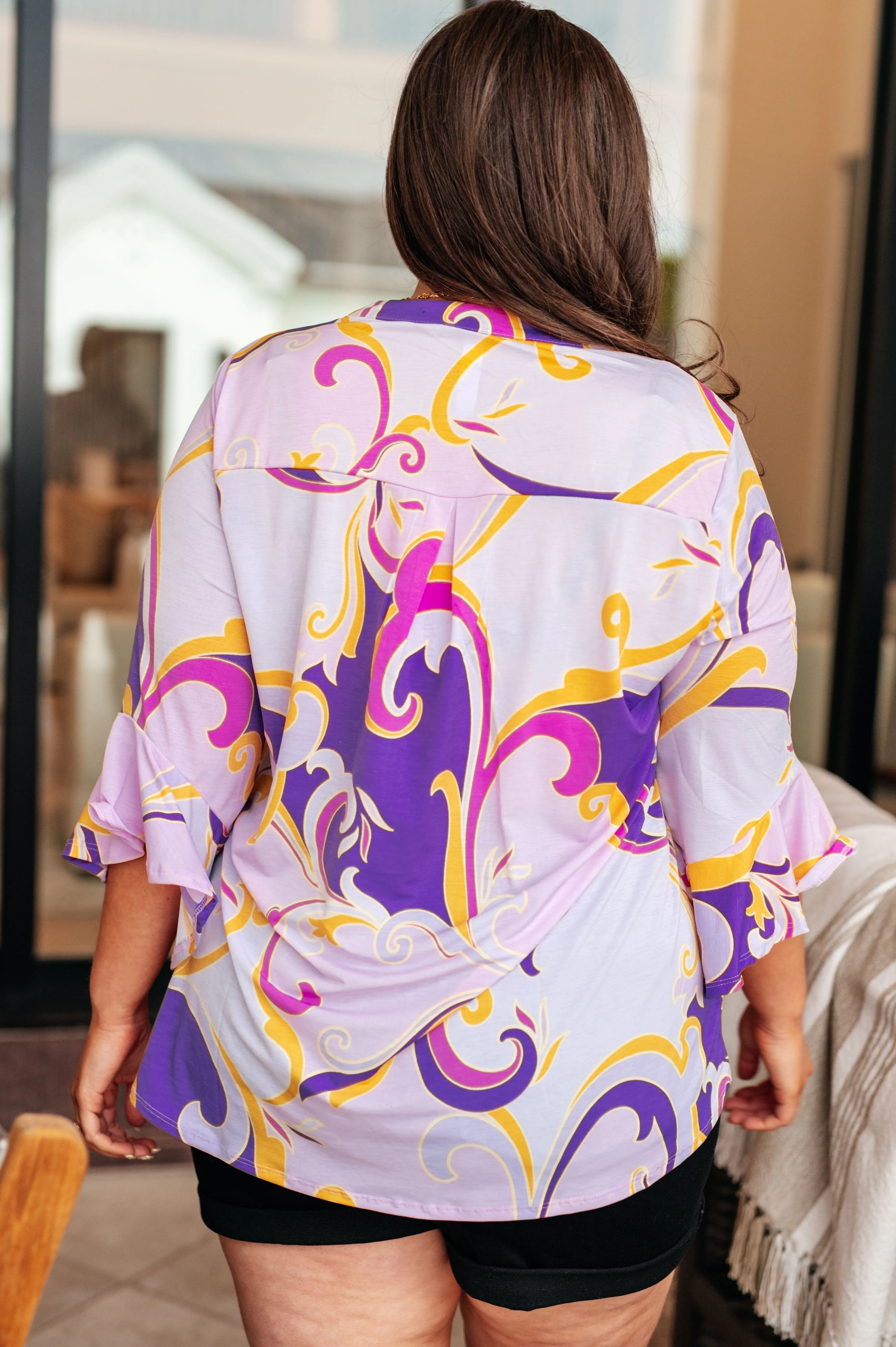 Hazel Blues® |  Lizzy Bell Sleeve Top in Regal Lavender and Gold