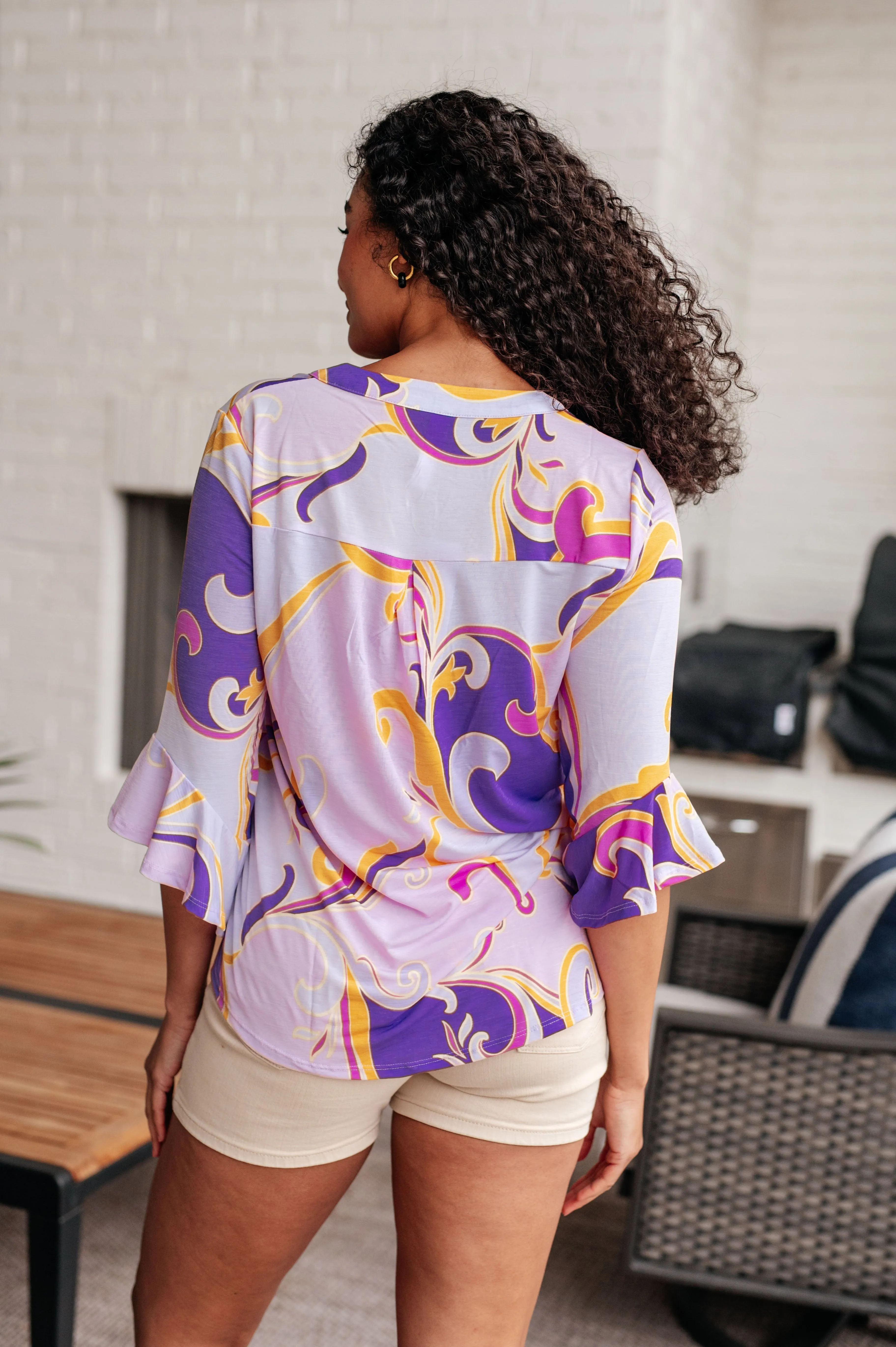 Hazel Blues® |  Lizzy Bell Sleeve Top in Regal Lavender and Gold