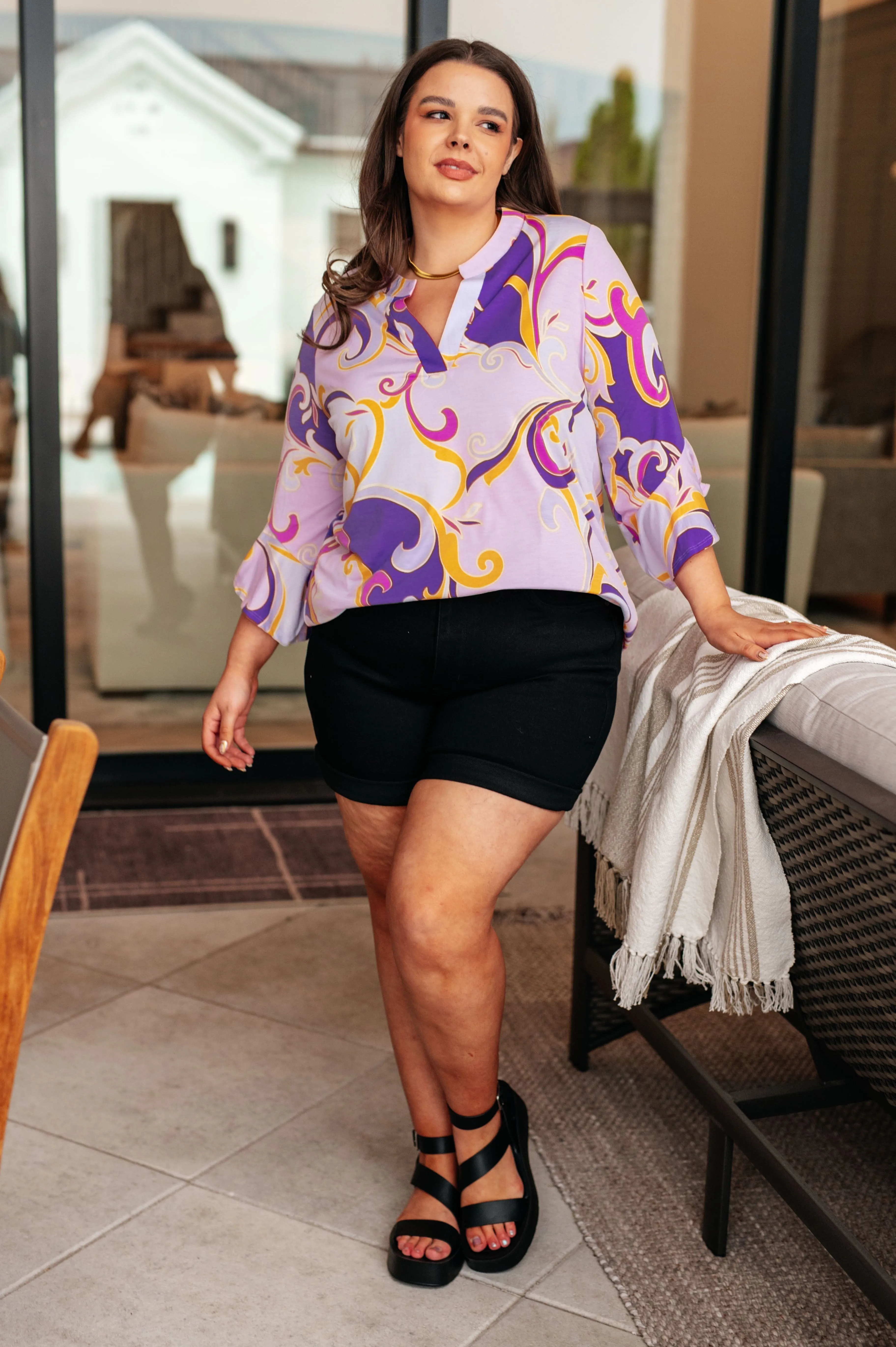 Hazel Blues® |  Lizzy Bell Sleeve Top in Regal Lavender and Gold