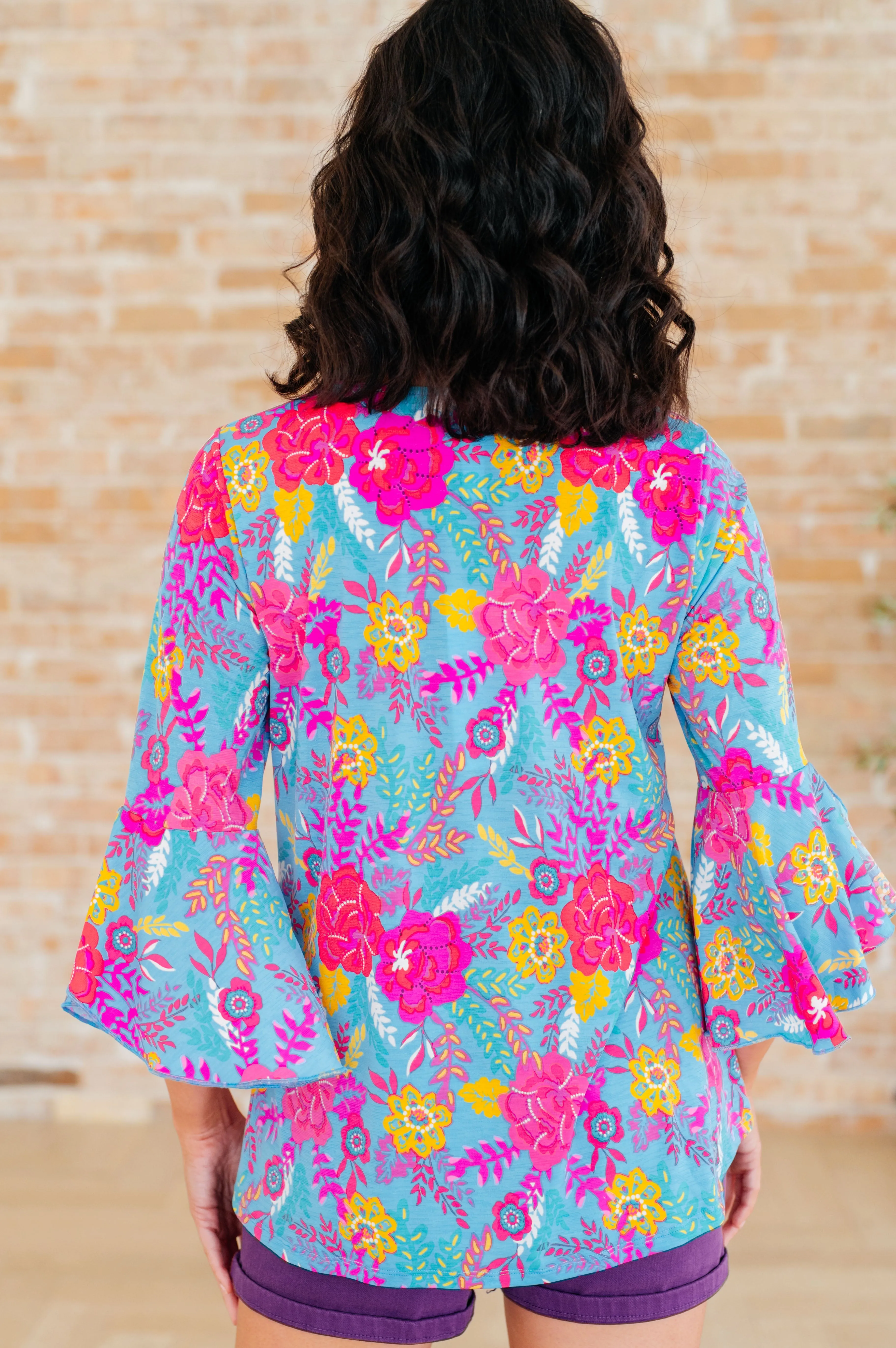 Hazel Blues® |  Willow Bell Sleeve Top in Bright Blue Floral