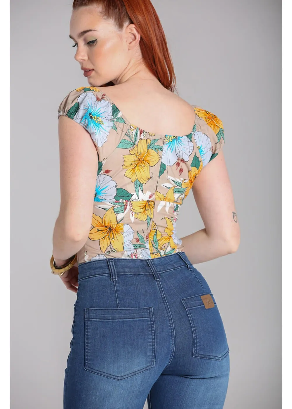 Hell Bunny Pattaya Floral Top Beige Coloured