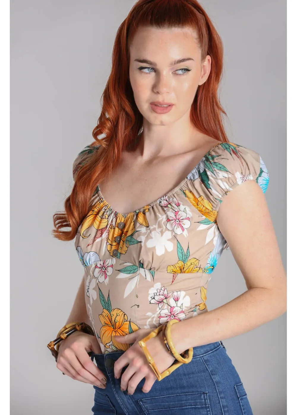 Hell Bunny Pattaya Floral Top Beige Coloured