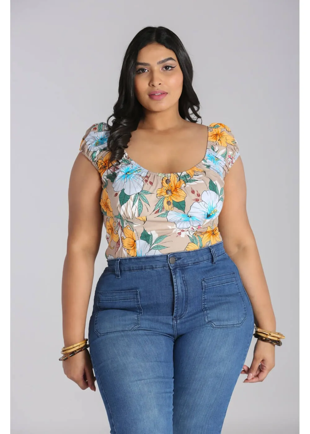 Hell Bunny Pattaya Floral Top Beige Coloured