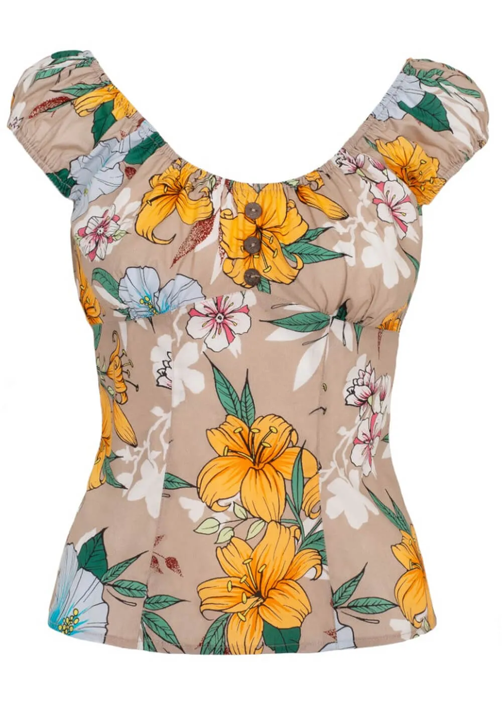 Hell Bunny Pattaya Floral Top Beige Coloured