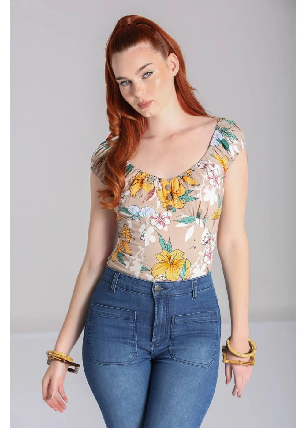 Hell Bunny Pattaya Floral Top Beige Coloured