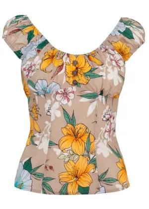 Hell Bunny Pattaya Floral Top Beige Coloured