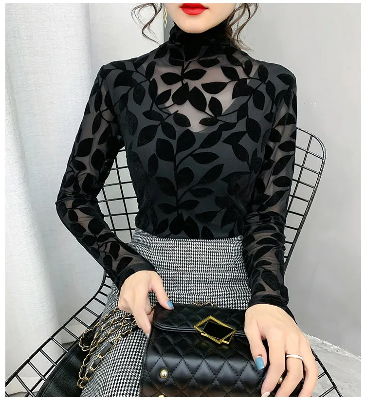 High Neck Leaf Pattern Velvet Mesh Shirt