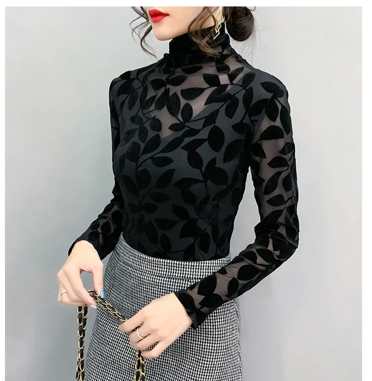 High Neck Leaf Pattern Velvet Mesh Shirt