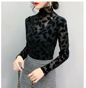 High Neck Leaf Pattern Velvet Mesh Shirt